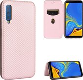 Voor Samsung Galaxy A7 (2018) / A750 Koolstofvezel Textuur Magnetische Horizontale Flip TPU + PC + PU Leren Case met Touw & Kaartsleuf (Roze)