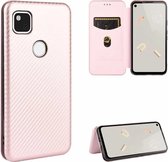 Voor Google Pixel 4a Carbon Fiber Texture Magnetische Horizontale Flip TPU + PC + PU Leather Case met Card Slot (Pink)