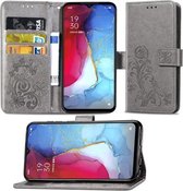 Voor OPPO Reno 3 / Find X2 Lite Vierbladige sluiting Reliëfgesp Mobiele telefoonbescherming Leren hoes met sleutelkoord & kaartsleuf & portemonnee & beugelfunctie (grijs)