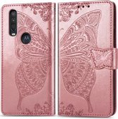 Voor Motorola One Action Butterfly Love Flower Reliëf Horizontale Flip Leather Case met Bracket Lanyard Card Slot Wallet (Rose Gold)