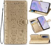 Voor Huawei Nova 7 Mooie Kat en Hond Embossing Patroon Horizontale Flip Leren Case, met Houder & Kaartsleuven & Portemonnee & Cartoon Sluiting & Lanyard (Goud)