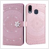 Voor Galaxy A20 Geperst Afdrukken Steken Boorpatroon Horizontale Flip PU-lederen Case met Houder & Kaartsleuven & Portemonnee & & Lanyard (Roze)