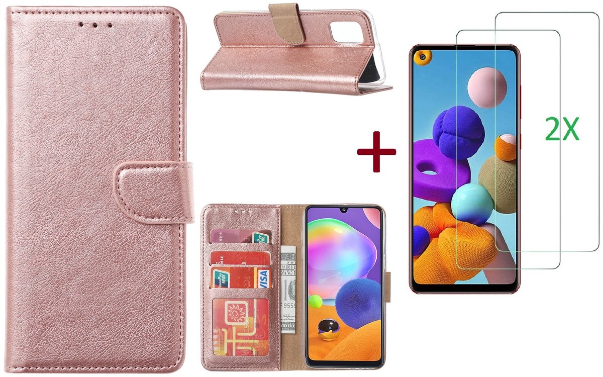 Hoesje Geschikt Voor Samsung Galaxy A21S Hoesje Rose Goud / 2X glas Screenprotector