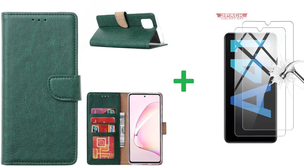 Hoesje Geschikt Voor Samsung Galaxy A41 Boek hoesje + 2X Screenprotector Groen