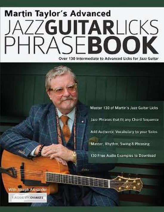 Livre "Martin Taylor's Advanced Jazz Guitar Licks Phrasebook" avec un homme en costume tenant une guitare.