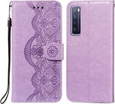 Voor Huawei nova 7 5G Bloem Wijnstok Embossing Patroon Horizontale Flip Leren Case met Kaartsleuf & Houder & Portemonnee & Lanyard (Paars)