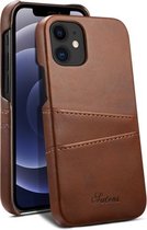 Kalfs textuur achterkant beschermhoes met kaartsleuven voor iPhone 12 mini (bruin)