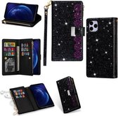 Voor iPhone 11 Pro Max Multi-kaartsleuven Sterrenhemel Lasergravure Glitter Rits Horizontale Flip Leren Case met Houder & Portemonnee & Lanyard (Zwart)