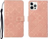 Etnische stijl reliëf patroon horizontale flip lederen tas met houder & kaartsleuven & portemonnee & lanyard voor iPhone 12 Pro Max (roze)