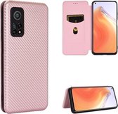 Voor Xiaomi Mi 10T Carbon Fiber Texture Magnetische Horizontale Flip TPU + PC + PU Leather Case met Card Slot (Pink)