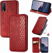 Voor vivo Y20 Cubic Grid Pressed Horizontal Flip Magnetic PU Leather Case met houder & kaartsleuven & portemonnee (rood)