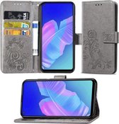 Voor Huawei P40 Lite E / Y7P Lucky Clover Pressed Flowers Pattern Leather Case met houder & kaartsleuven & portemonnee & draagriem (grijs)
