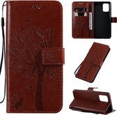 Voor Galaxy A91 / M80S Tree & Cat Pattern Pressed Printing Horizontale Flip PU lederen tas met houder & kaartsleuven & portemonnee & lanyard (bruin)