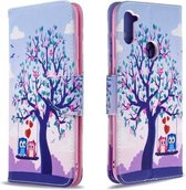 Voor Galaxy A11 Gekleurde tekening Horizontale flip lederen tas met houder & kaartsleuven & portemonnee (twee uilen)