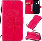 Voor Galaxy A70e Tree & Cat Pattern Pressed Printing Horizontale Flip PU Leather Case met houder & kaartsleuven & portemonnee & Lanyard (Rose Red)