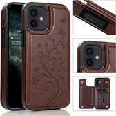 Vlinders Bloemen Dubbele gesp PU + TPU beschermhoes met houder & kaartsleuven en fotolijst voor iPhone 12 mini (bruin)