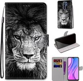 Voor Xiaomi Redmi 9 Gekleurde Tekening Cross Textuur Horizontale Flip PU Lederen Case met Houder & Kaartsleuven & Portemonnee & Lanyard (Zwart Wit Leeuwenkop)