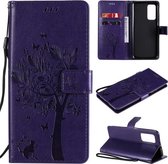 Voor Xiaomi Mi 10T / 10T Pro Tree & Cat Pattern Pressed Printing Horizontale Flip PU lederen tas met houder & kaartsleuven & portemonnee & lanyard (paars)