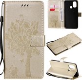 Voor OnePlus Nord N100 Tree & Cat Pattern Pressed Printing Horizontale Flip PU lederen hoes met houder & kaartsleuven & portemonnee & lanyard (goud)