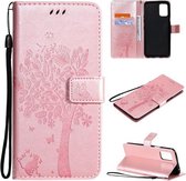 Voor LG K52 Boom & Kat Patroon Geperst Afdrukken Horizontale Flip PU Lederen Case met Houder & Kaartsleuven & Portemonnee & Lanyard (Rose Goud)