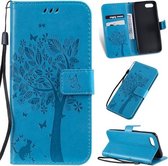 Tree & Cat Pattern Pressed Printing Horizontale Flip PU lederen tas met houder & kaartsleuven & portemonnee & lanyard voor OPPO A1K / C2 (blauw)