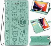 Voor iPhone SE 2020 schattige kat en hond reliëf horizontale flip lederen tas met beugel / kaartsleuf / portemonnee / lanyard (groen)
