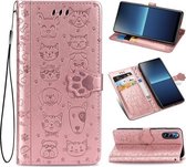 Voor Sony Xperia L4 Leuke Kat en Hond Reliëf Horizontale Flip Leren Case met Beugel / Kaartsleuf / Portemonnee / Lanyard (Rose Goud)