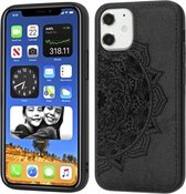 Voor iPhone 12 mini Mandala reliëf stoffen hoes PC + TPU mobiele telefoonhoes met magnetische functie en draagriem (zwart)