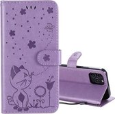 Voor iPhone 12/12 Pro Cat Bee Embossing Pattern Shockproof Horizontale Flip Leather Case met houder & kaartsleuven & portemonnee (paars)