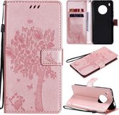 Voor Huawei Y9a Boom & Kat Patroon Geperst Afdrukken Horizontale Flip PU Lederen Case met Houder & Kaartsleuven & Portemonnee & Lanyard (Rose Goud)