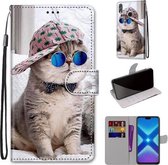 Voor Huawei Honor 8X Gekleurde Tekening Cross Textuur Horizontale Flip PU Lederen Case met Houder & Kaartsleuven & Portemonnee & Lanyard (B20 Slant Hat Blue Mirror Cat)