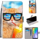 Voor Huawei Y6p Gekleurde Tekening Cross Textuur Horizontale Flip PU Lederen Case met Houder & Kaartsleuven & Portemonnee & Lanyard (Kat Drinken Soda)