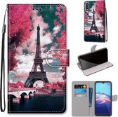 Voor Motorola Moto E (2020) Gekleurde tekening Cross Texture Horizontale Flip PU lederen tas met houder & kaartsleuven & portemonnee & lanyard (Pink Flower Tower Bridge)