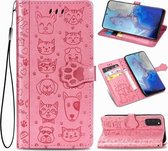 Voor Galaxy S20 schattige kat en hond reliëf horizontale flip lederen tas met beugel / kaartsleuf / portemonnee / lanyard (roze)