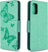 Voor Galaxy A41 Twee vlinders reliëfpatroon horizontaal Flip lederen tas met houder & kaartsleuf & portemonnee & lanyard (groen)