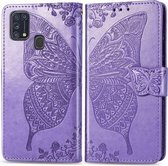 Voor Galaxy M31 Butterfly Love Flower reliëf horizontale flip lederen tas met beugel / kaartsleuf / portemonnee / lanyard (lichtpaars)