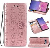 Voor Galaxy S10E Leuke Kat en Hond Reliëf Horizontale Flip Leren Case met Beugel / Kaartsleuf / Portemonnee / Lanyard (Rose Goud)