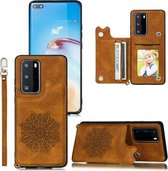 Voor Huawei P40 Pro + Mandala PU + TPU-hoes in reliëf met houder en kaartsleuven en fotolijst en riem (bruin)