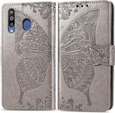 Butterfly Love Flowers Embossing Horizontale Flip Leather Case voor Galaxy M30 met houder & kaartsleuven & portemonnee & lanyard (grijs)