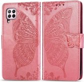 Voor Huawei P40 Lite / Nova 7i / Nova 6SE Vlinder Liefde Bloem Reliëf Horizontale Flip Leren Case met Beugel / Kaartsleuf / Portemonnee / Lanyard (Roze)