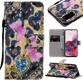 Voor Galaxy S20 3D schilderij horizontale flip lederen tas met houder & kaartsleuf & lanyard (roze vlinders)