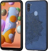 Voor Samsung Galaxy A11 Mandala reliëf stoffen hoes PC + TPU mobiele telefoonhoes met magnetische functie en draagriem (blauw)