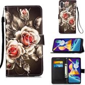Voor Galaxy A11 / M11 Schilderen horizontale flip lederen tas met houder & kaartsleuf & portemonnee & lanyard (roos op zwart)