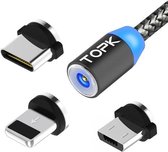 TOPK 2m 2.1A-uitgang USB naar 8-pins + USB-C / Type-C + Micro USB Mesh gevlochten magnetische oplaadkabel met LED-indicator (grijs)