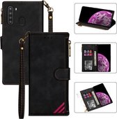 Voor Samsung Galaxy A21 Rits Multi-kaartsleuven Horizontale flip PU lederen tas met houder & kaartsleuven & portemonnee & lanyard & fotolijst (zwart)