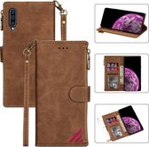 Voor Samsung Galaxy A70 Rits Multi-kaartsleuven Horizontale Flip PU lederen tas met houder & kaartsleuven & portemonnee & lanyard & fotolijst (bruin)