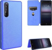 Voor Sony Xperia 1 II Koolstofvezel Textuur Magnetisch Horizontaal Flip TPU + PC + PU lederen tas met kaartsleuf (blauw)