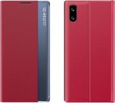 Voor xiaomi redmi 9a zijvenster display met magnetische zuiging / beugel / slaapfunctie / gewoon leer + pc flip telefoonhoes (rood)