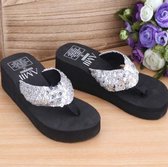 Pailletten slippers met sleehak en slippers, maat: 38 (zilver met pailletten)