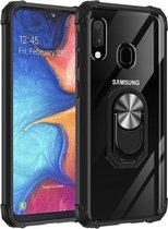 Voor Samsung Galaxy A20e schokbestendig transparant TPU + acryl beschermhoes met ringhouder (zwart en zilver)